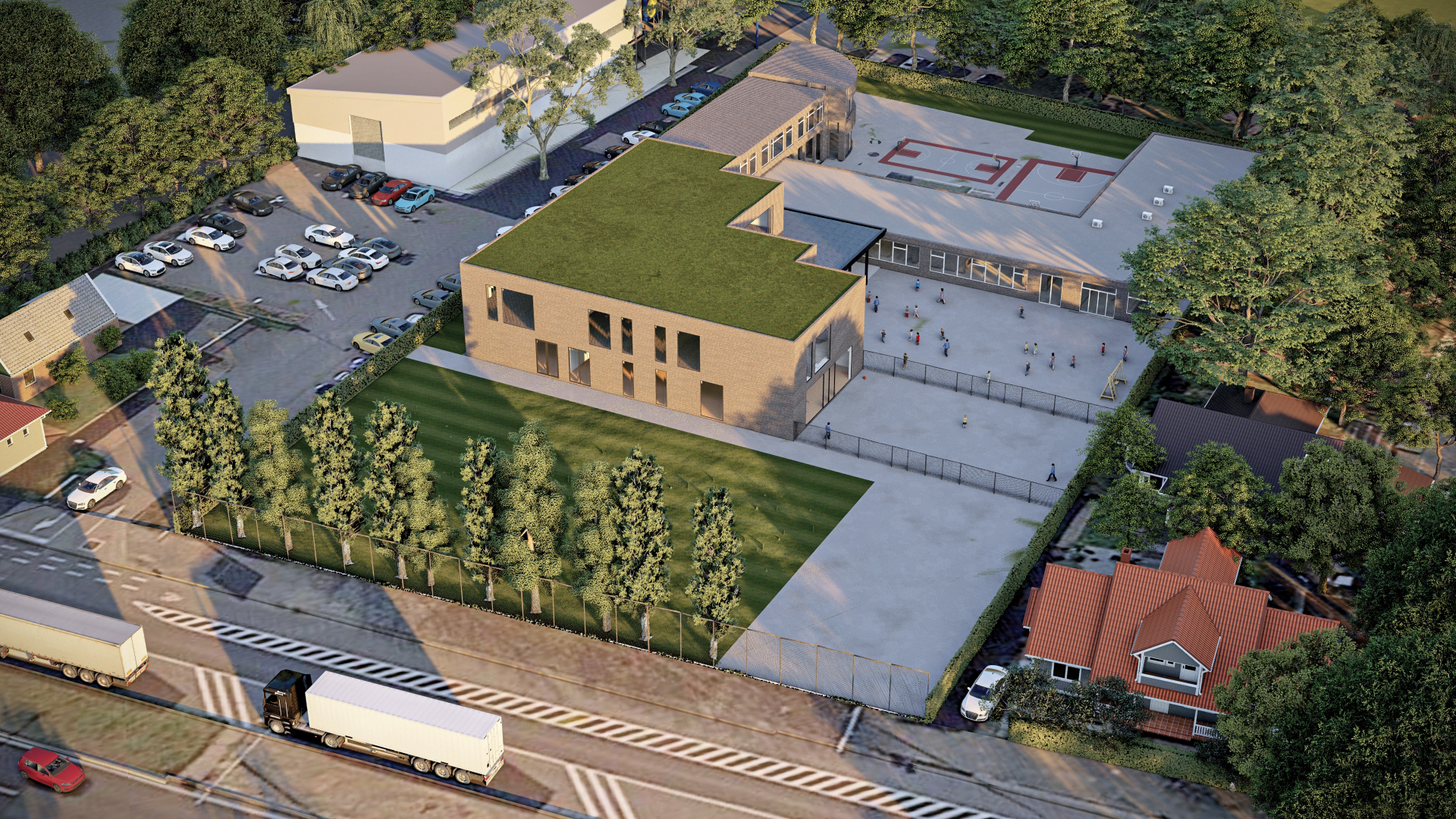 Render 3D: vista elevada de edificio y espacios exteriores