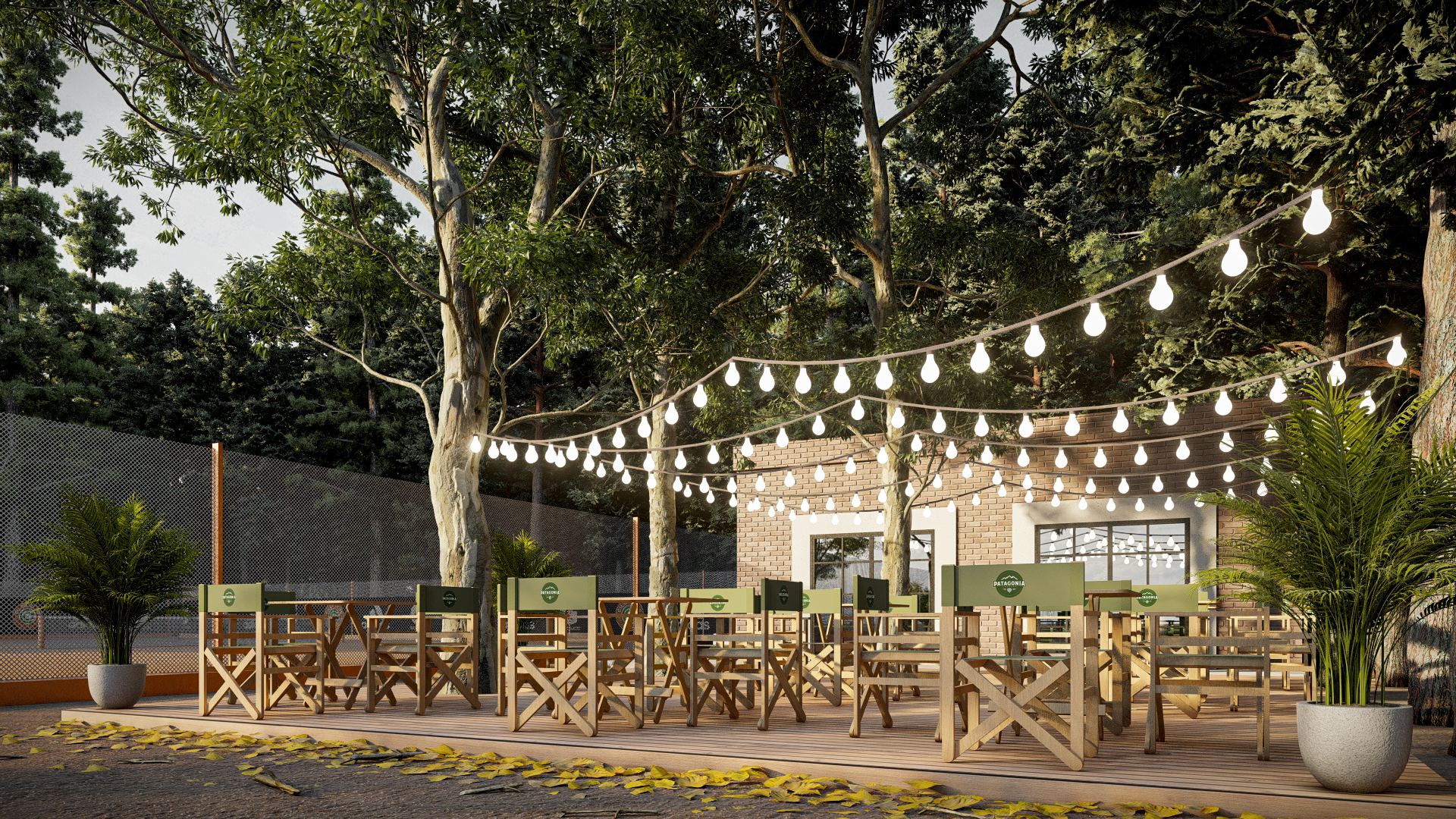 Render 3D: espacio exterior con mesas y luces colgantes