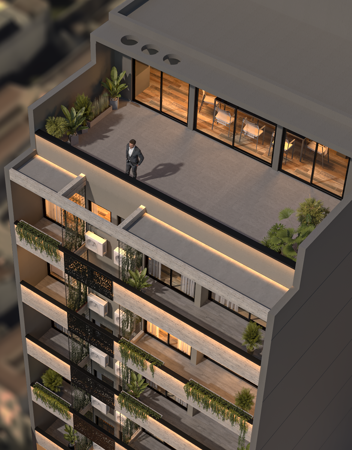Render 3D: detalle elevado de edificio con terrazas