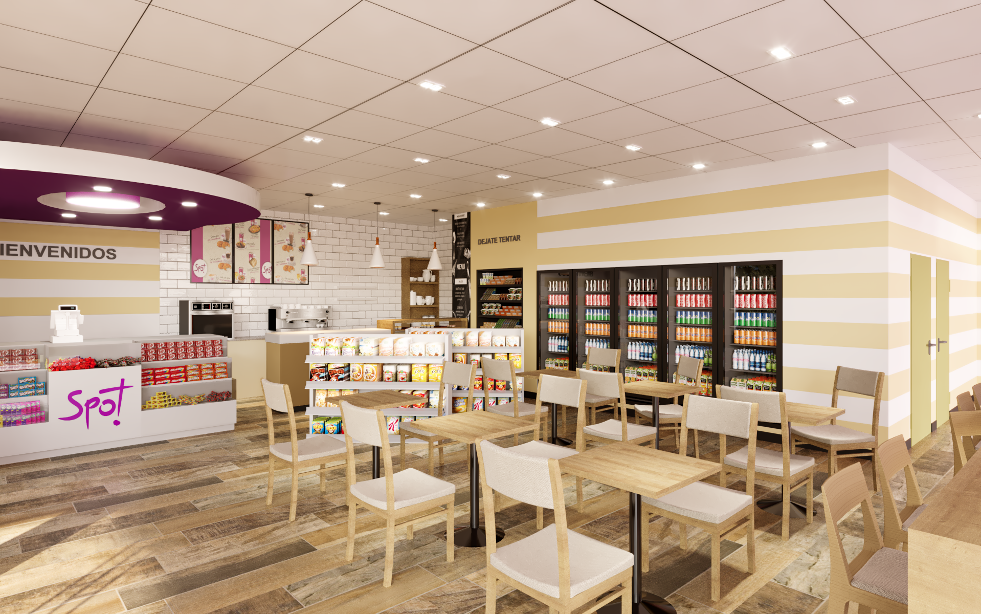 Render 3D: vista de interior comercial con mesas