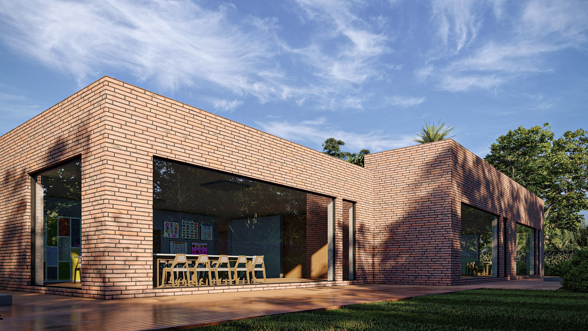 Render 3D: edificio de ladrillo con amplias ventanas