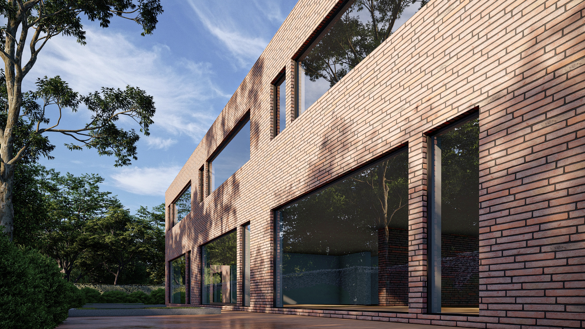 Render 3D: detalle de fachada de ladrillo y vidrio