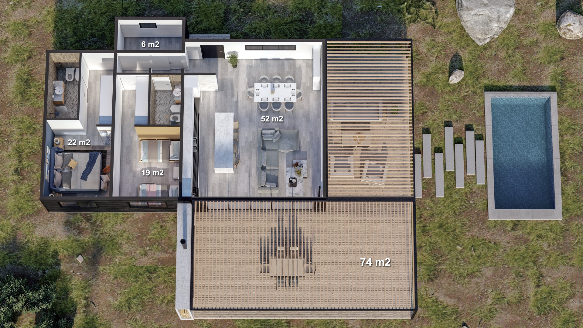 Render 3D: planta superior de vivienda con jardín y piscina