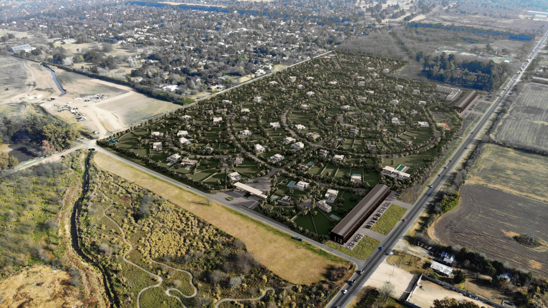 Render 3D: urbanización y paisaje vistos desde arriba