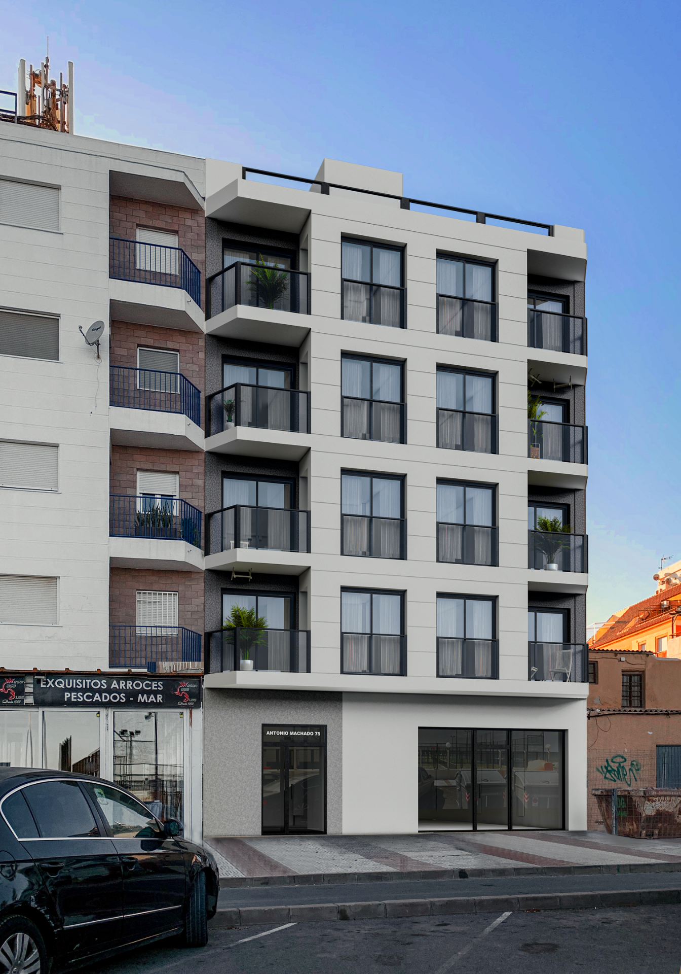 Render 3D: edificio de viviendas con balcones