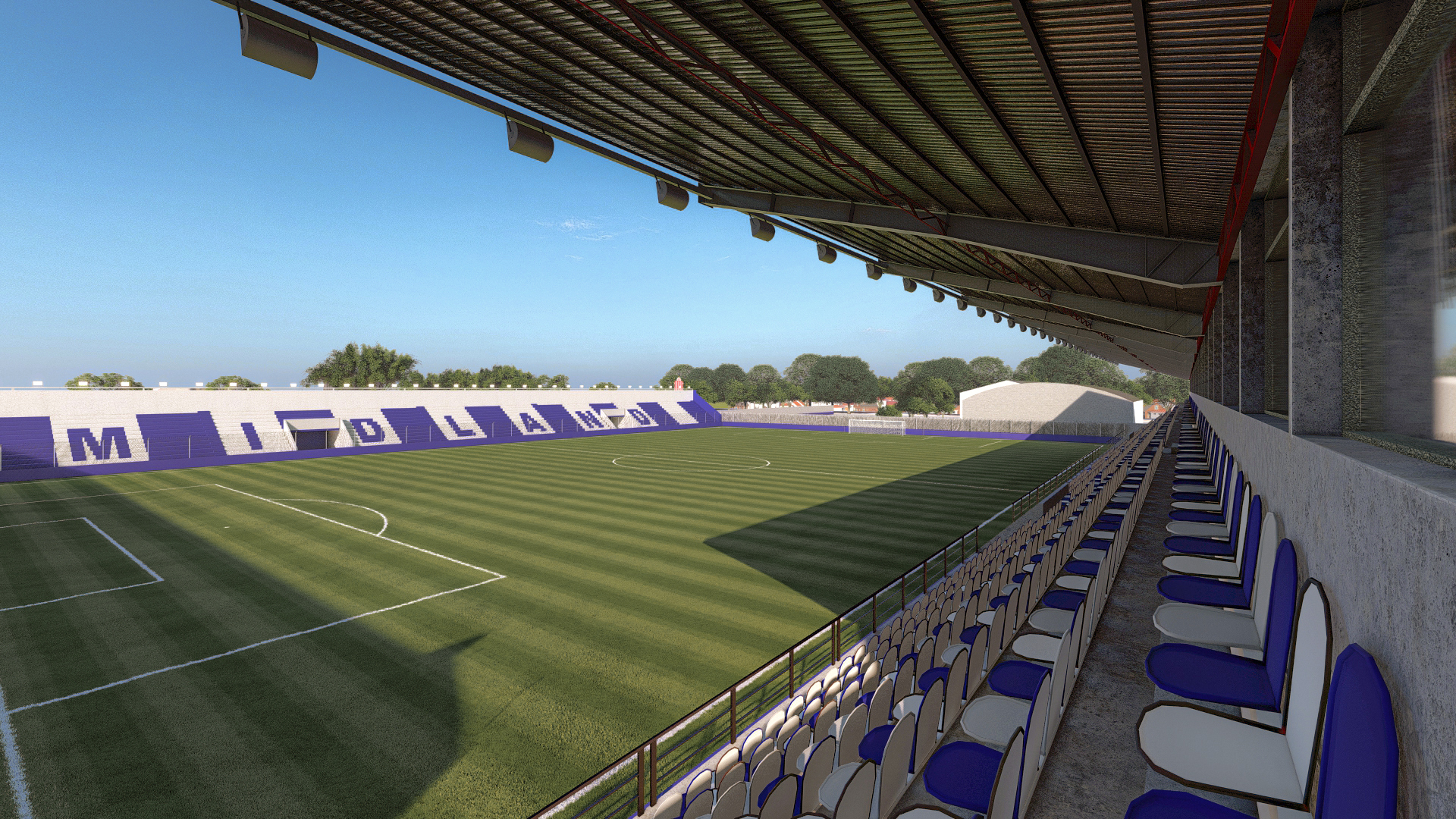 Render 3D: vista del campo desde tribuna cubierta