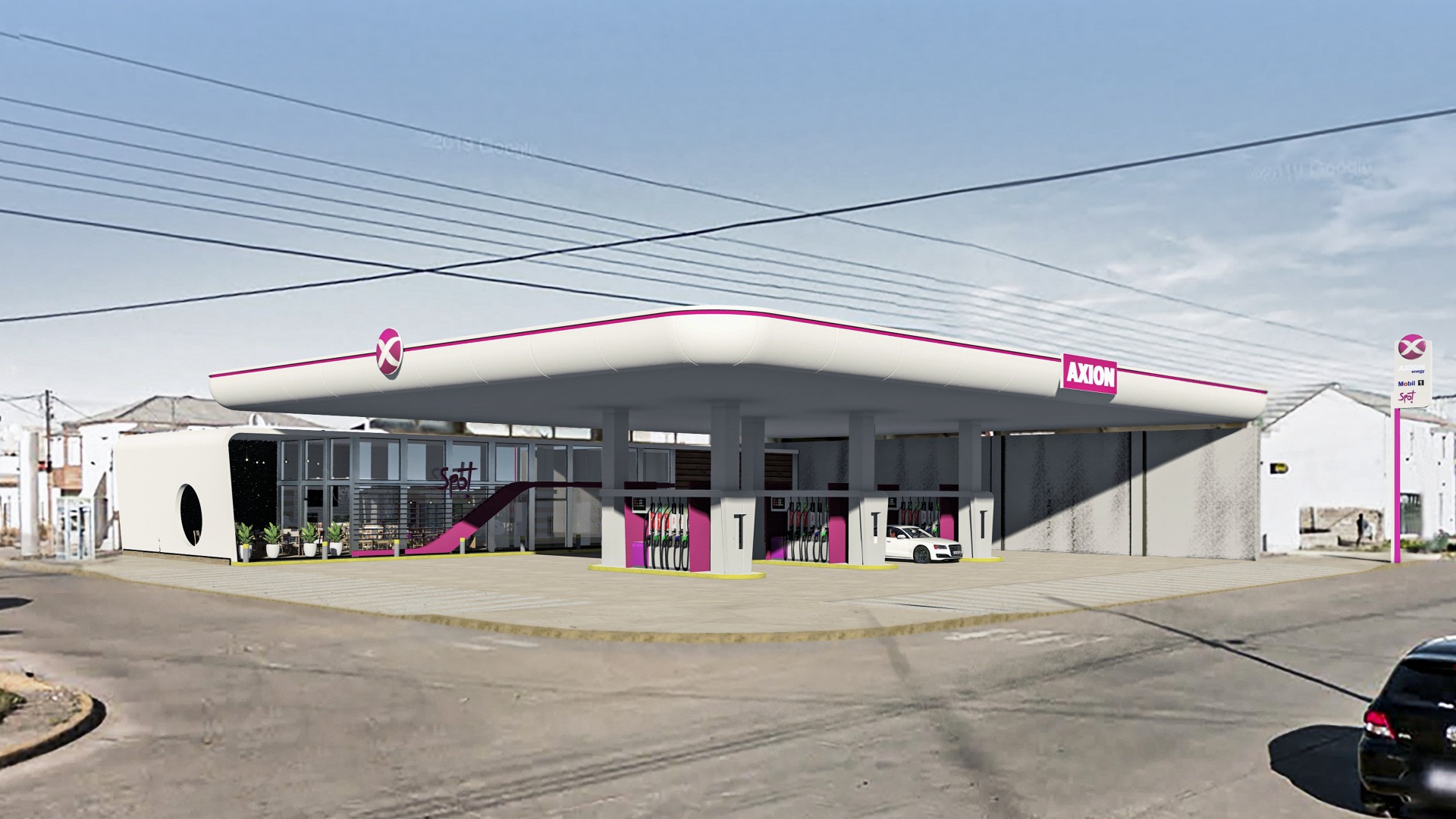 Render 3D: estación de servicio vista desde la esquina
