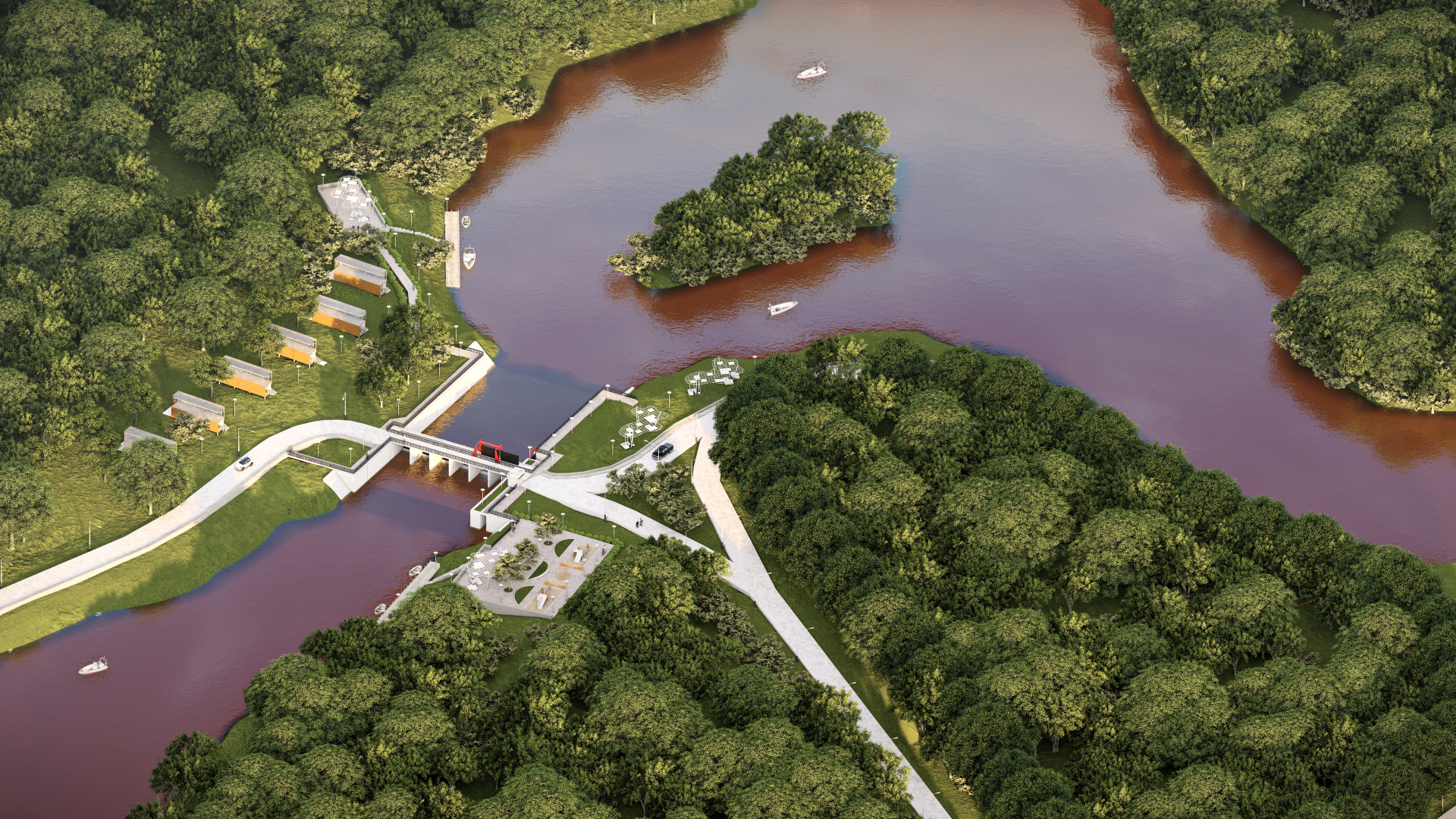 Render 3D: vista aérea de paisaje, agua y senderos