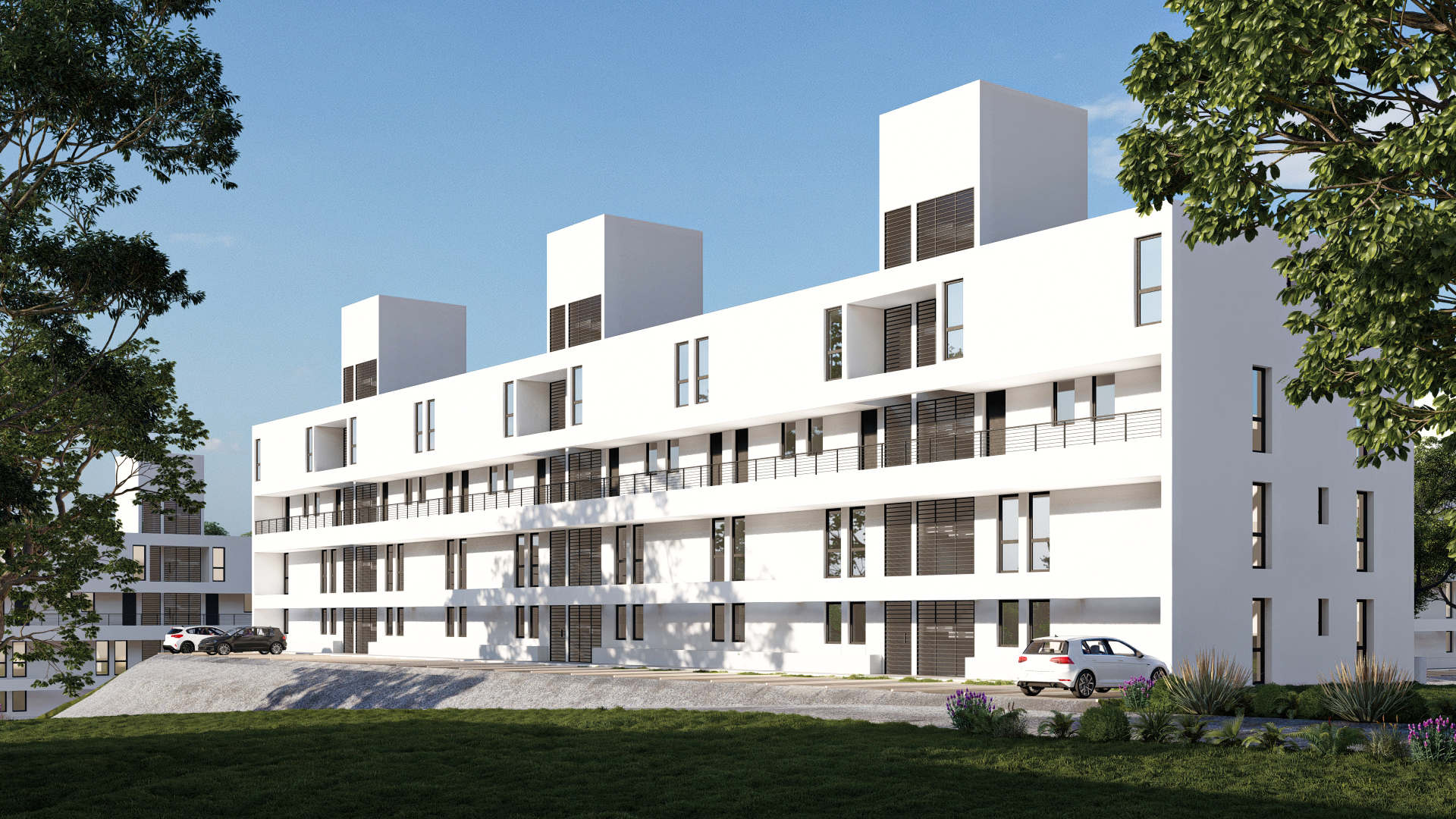 Render 3D: edificio con balcones visto desde el jardín