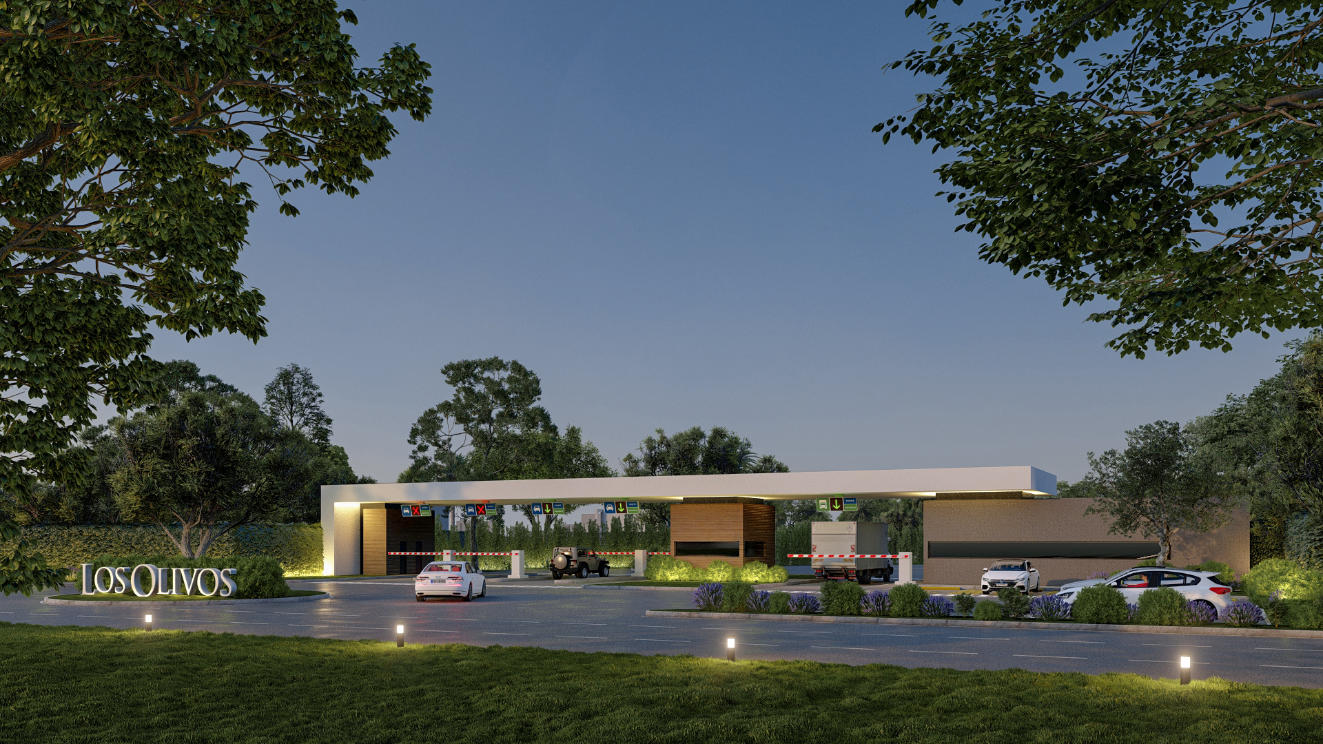 Render 3D: vivienda baja con acceso ajardinado