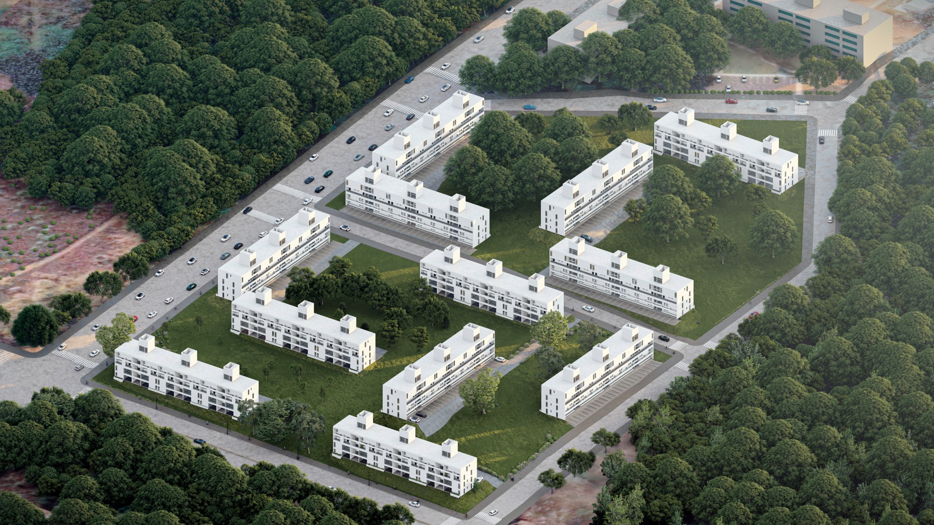 Render 3D: vista aérea de conjunto residencial