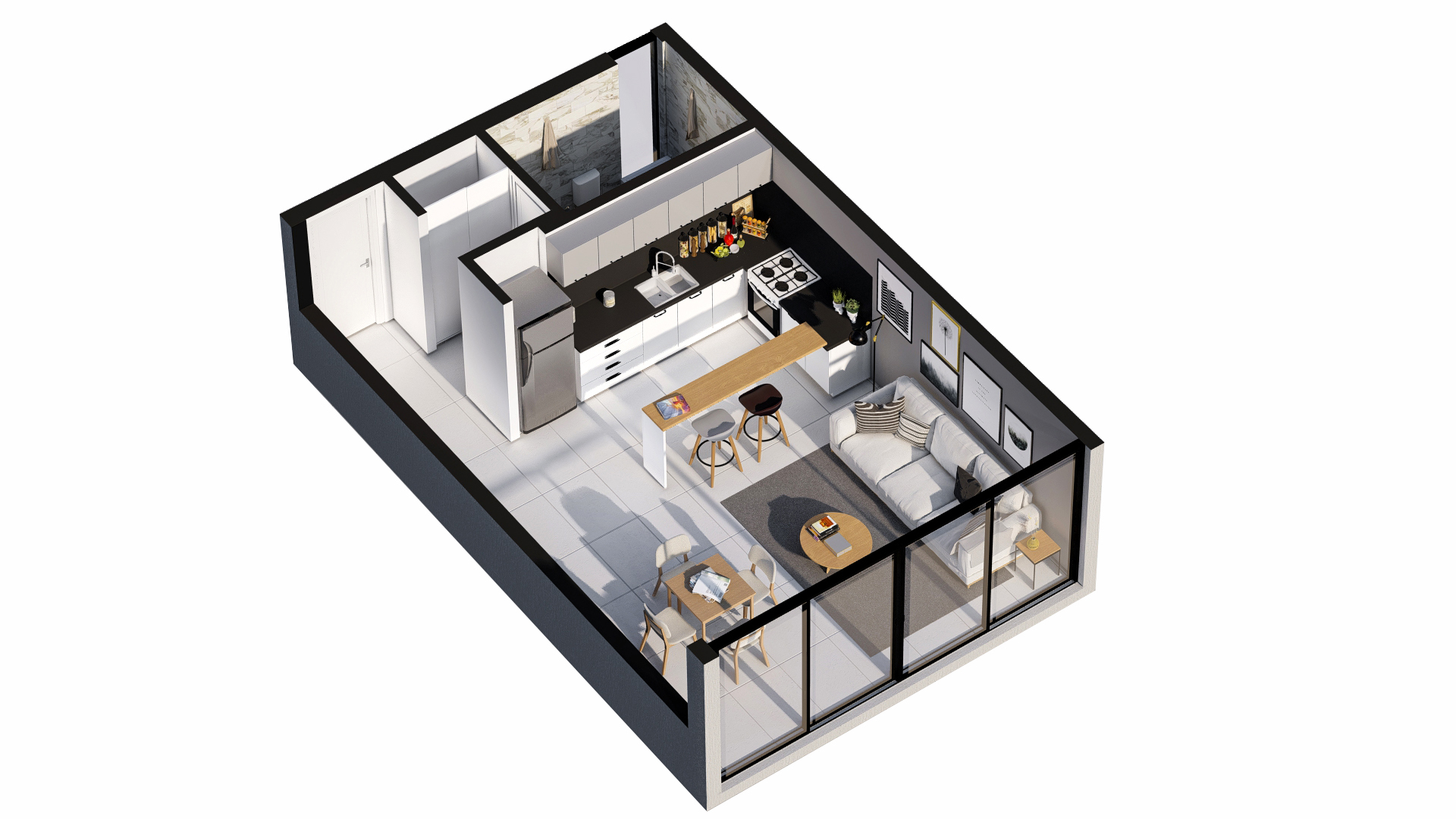 Render 3D: planta 3D amoblada de vivienda compacta