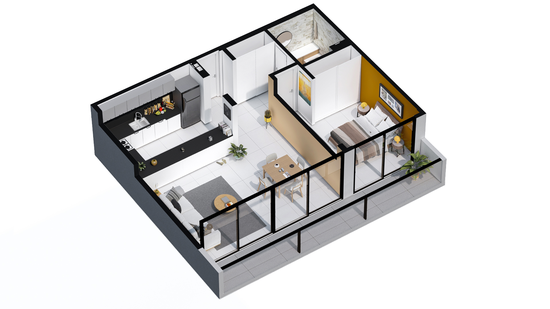 Render 3D: planta 3D amoblada con dormitorio y cocina
