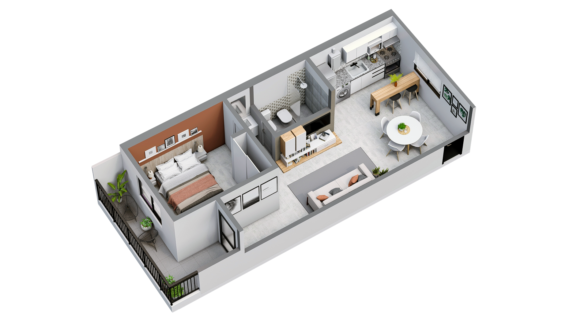 Render 3D: vista axonométrica amoblada con patio
