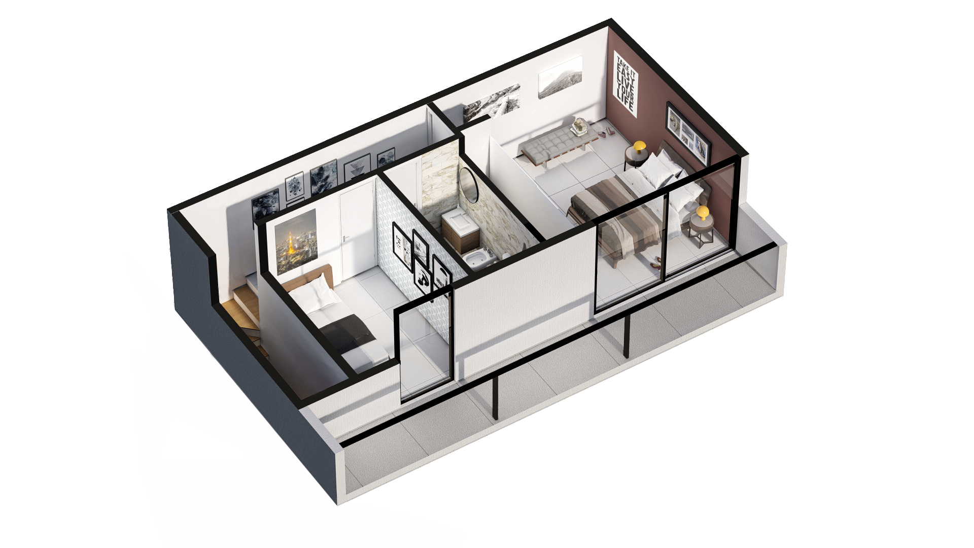 Render 3D: planta 3D con ambientes y mobiliario