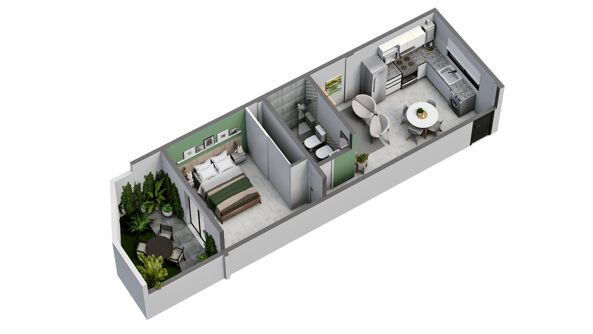 Render 3D: axonometría amoblada con espacio exterior