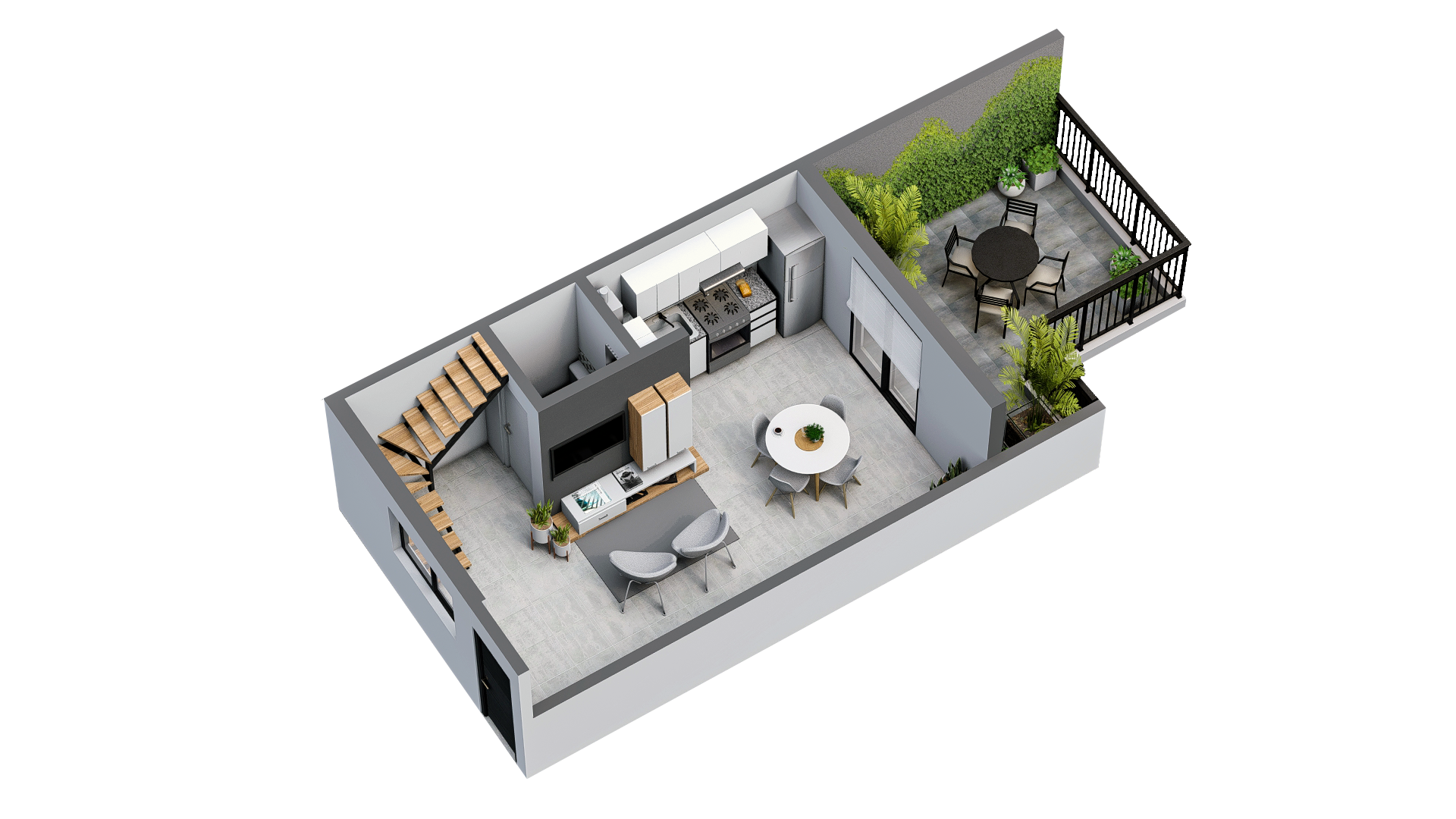 Render 3D: axonometría con galería y jardín