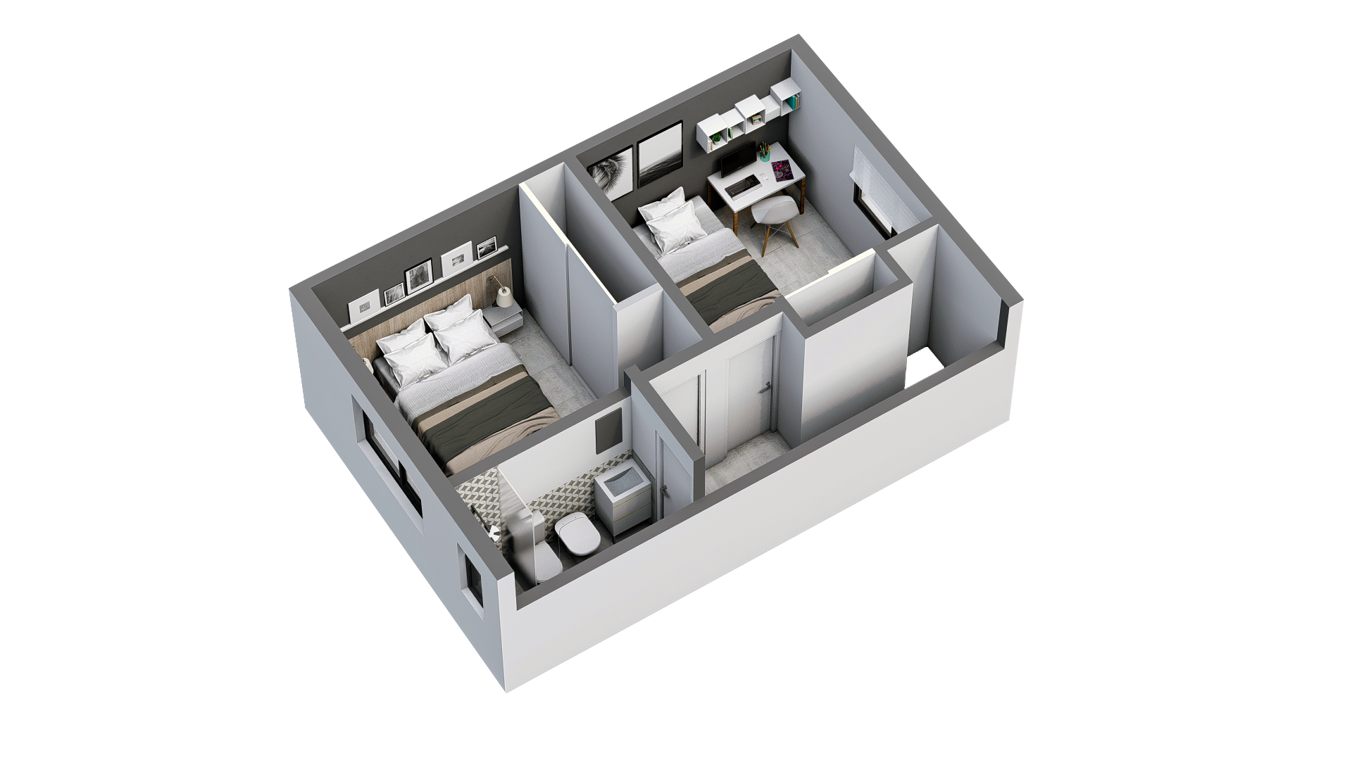 Render 3D: planta 3D amoblada vista desde arriba