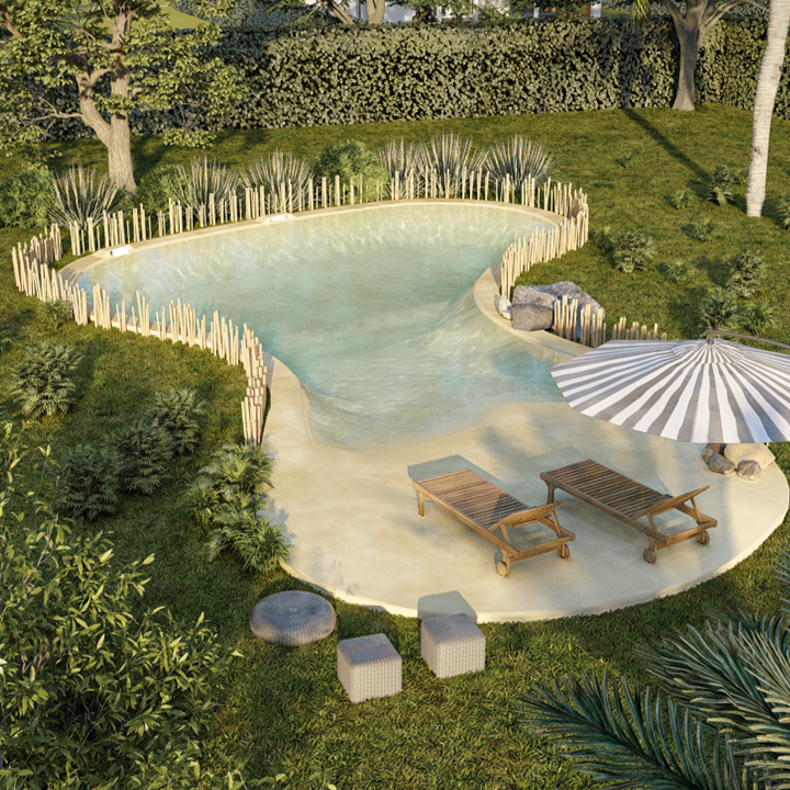 Render 3D: vista aérea de piscina y vegetación
