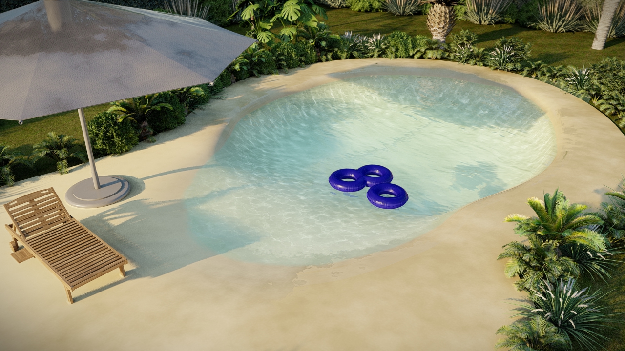 Render 3D: piscina con formas curvas y tumbonas