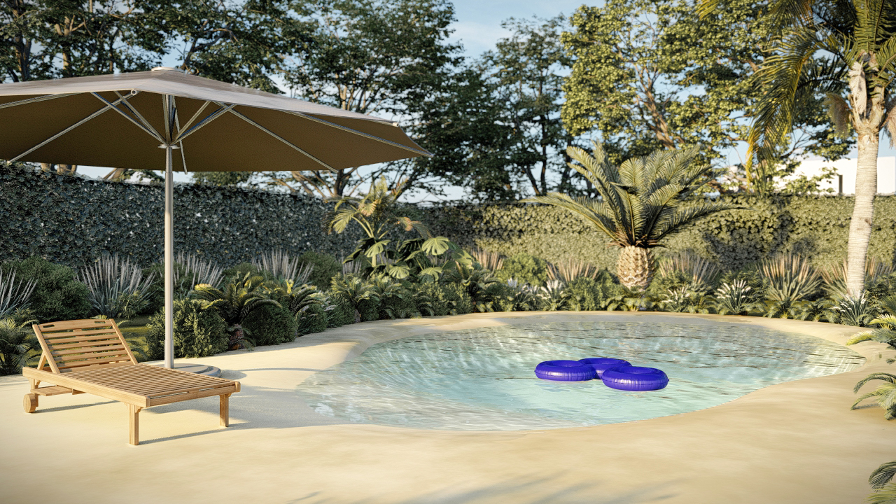 Render 3D: piscina y área exterior con sombra