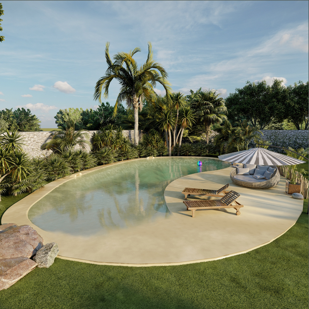 Render 3D: piscina y vegetación tropical