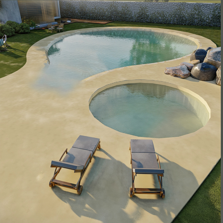Render 3D: piscina con área de descanso y sombrillas