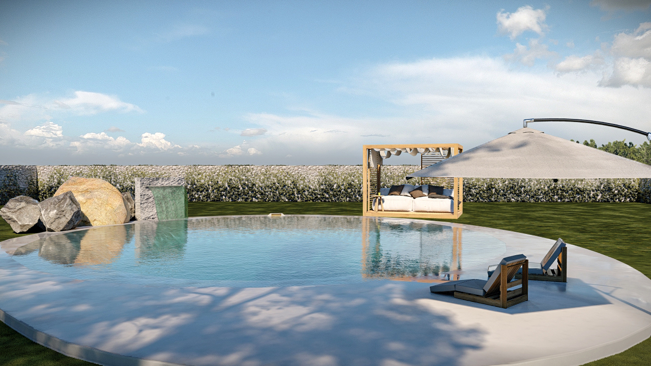 Render 3D: detalle de agua, borde de piscina y entorno