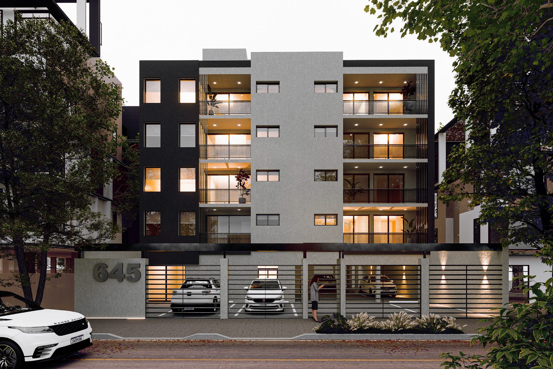 Render 3D: edificio de viviendas iluminado al atardecer