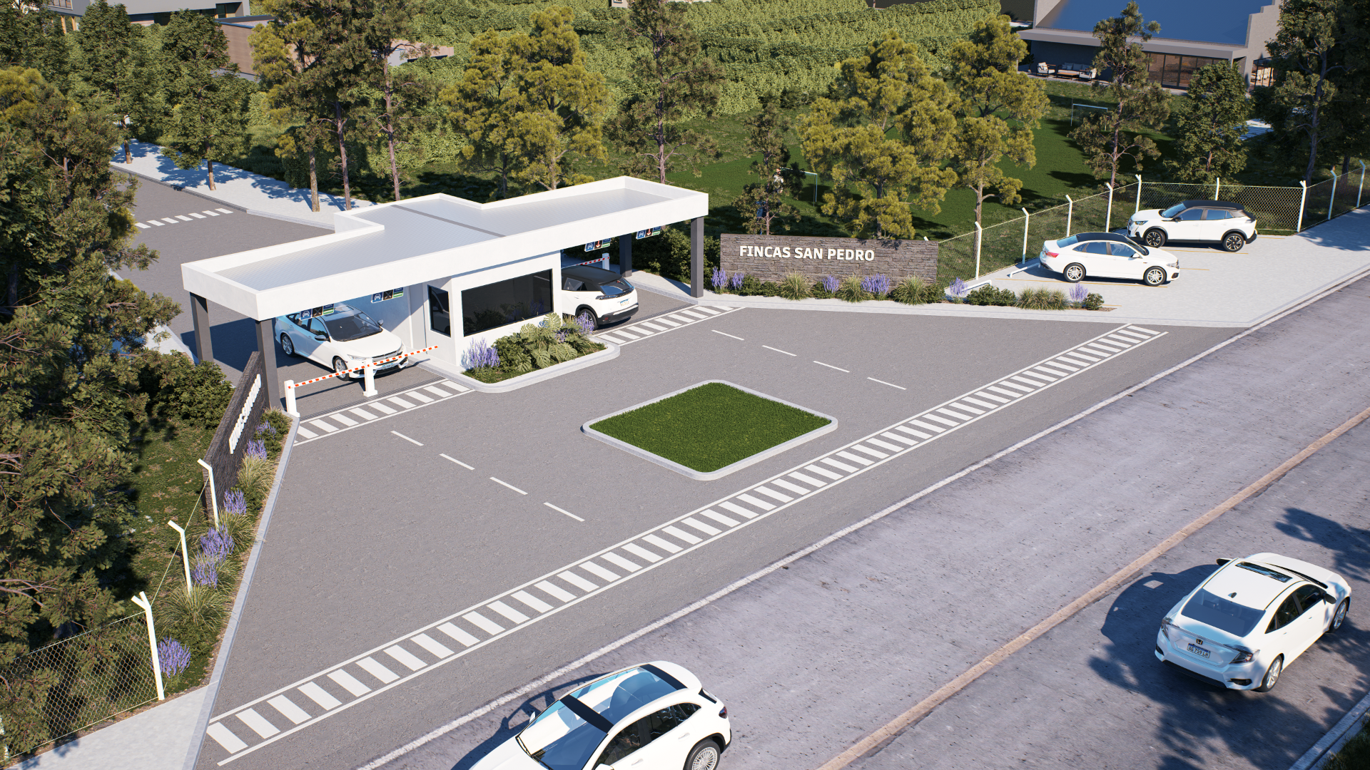 Render 3D: estación de servicio y playas de circulación