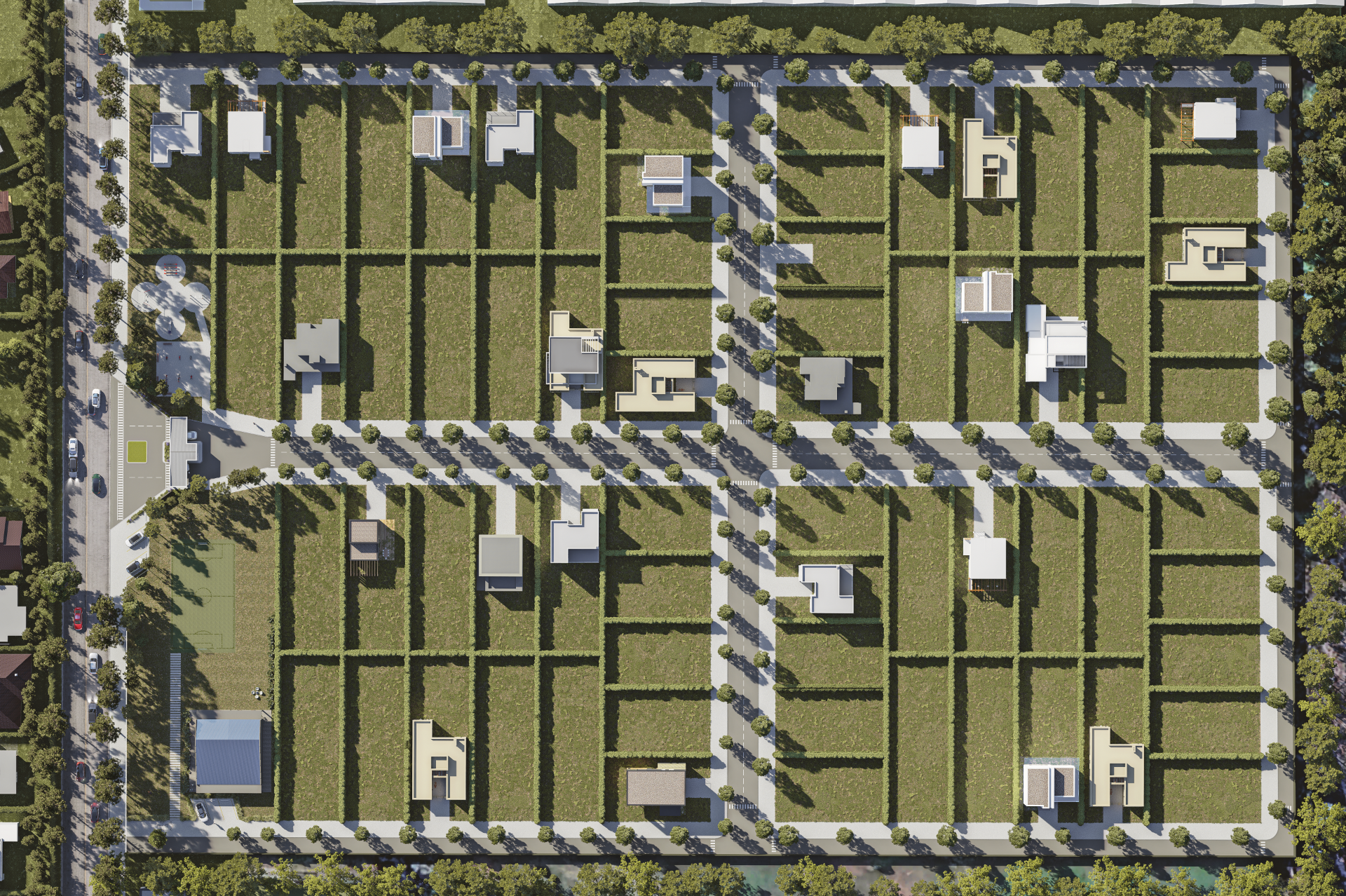 Render 3D: vista superior de urbanización y trazado de calles