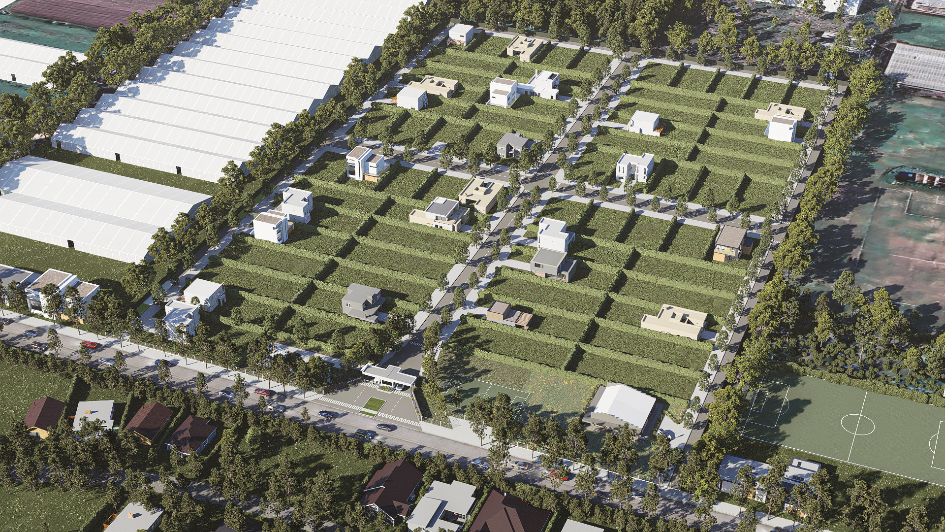 Render 3D: vista aérea de urbanización con calles y áreas verdes